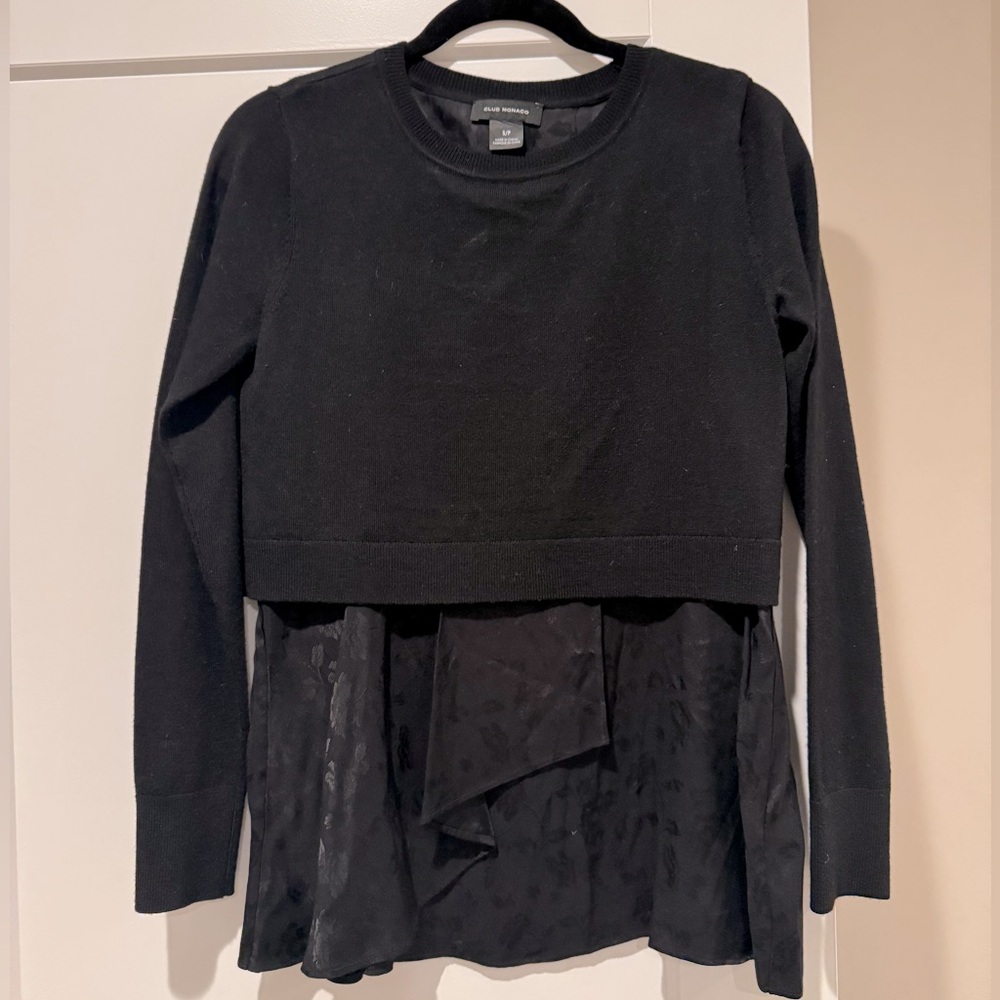 Club Monaco Small Black Sweater with Jacquard Silk Under Layer